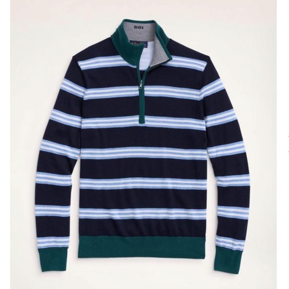 BROOKS BROTHERS 100% Merino Wool Half-zip Navy Stripes Sweater XL Classic Club - Picture 1 of 14